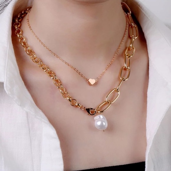 Gold Tone Baroque Double Chunky Chain Necklace - Picture 2 of 5